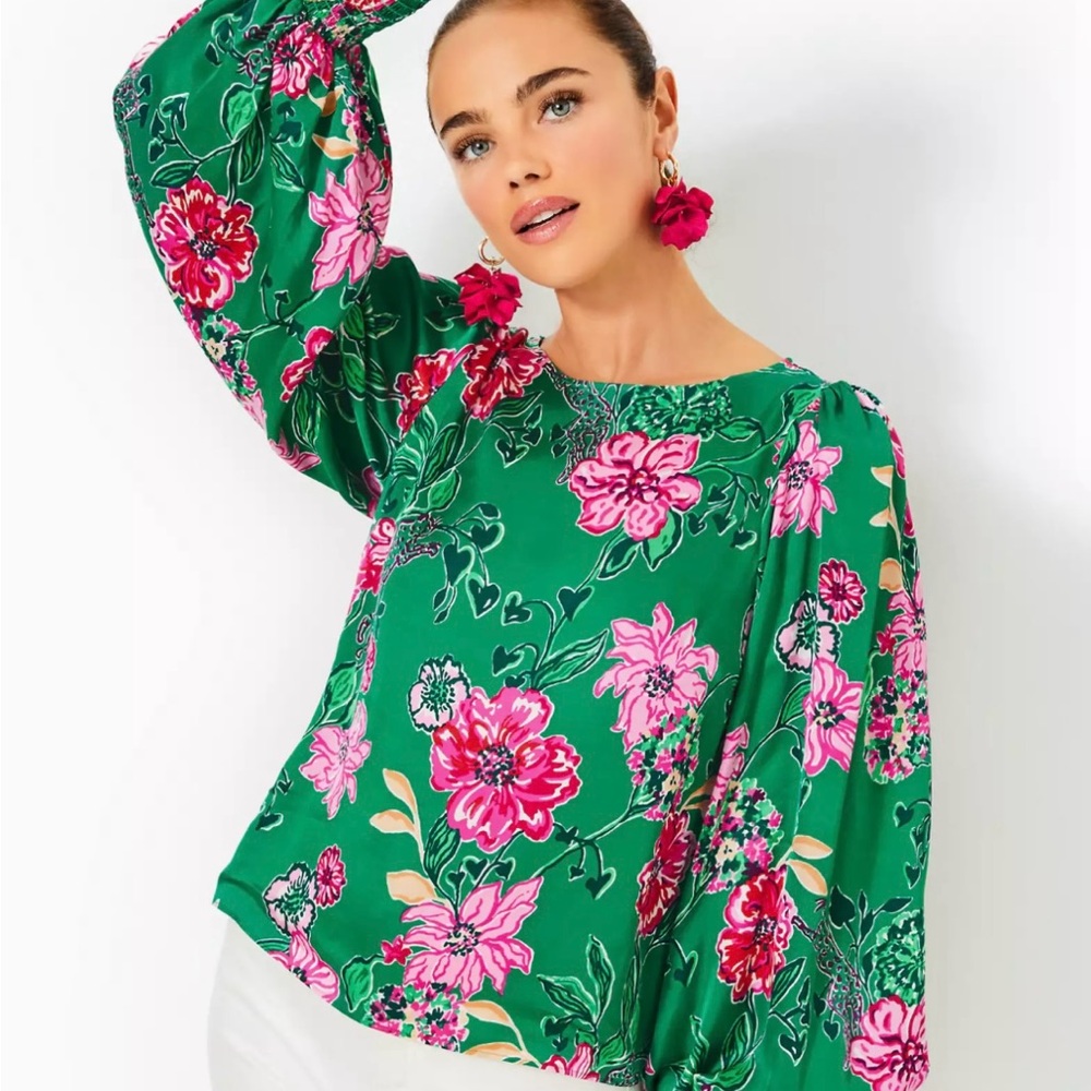 Lilly Puliter Alfreda Floral Green Blouse in Safari Sanctuary green